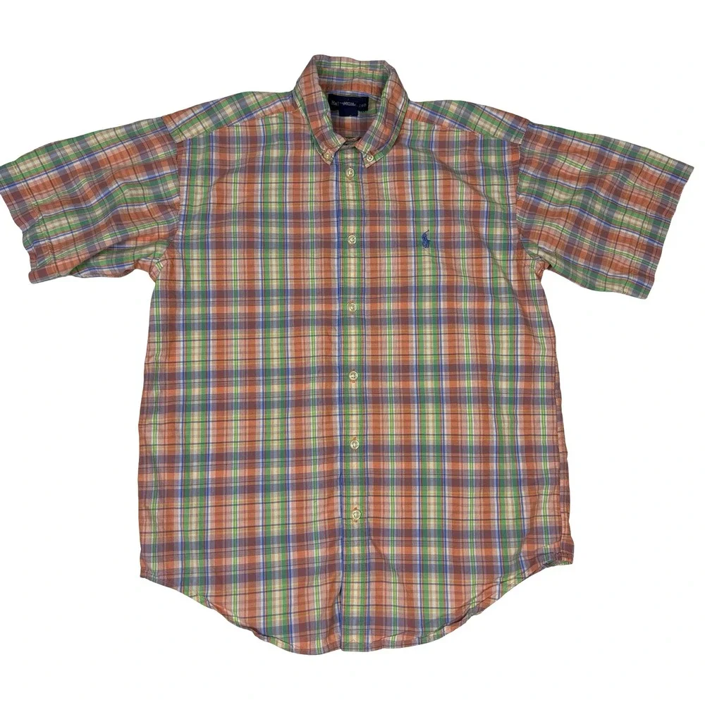 Ralph Lauren Boys Large Plaid Short Sleeve Button Down Shirt Orange‎ Green Blue